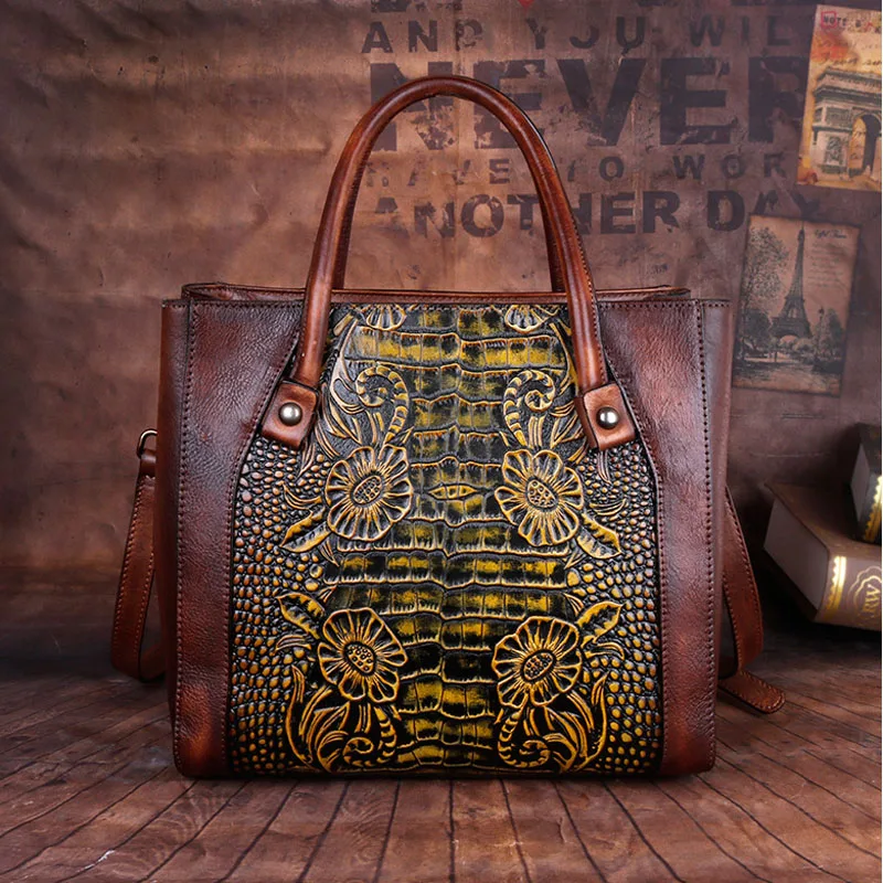 

Women Genuine Leather Bag Quality Cowhide Leather Embossed bags for women Luxury Designer Famous Brand Women Leather Handbag