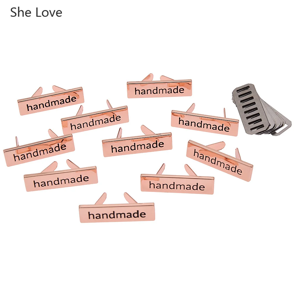 Rose gold She Love 10 шт. розовое золото цвет прямоугольной формы металлические декоративные наклейки ручной работы для одежды сумки ручной работы ярлыки с надписью - Цвет: Rose gold