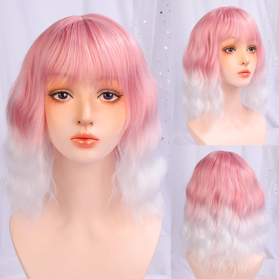 Sintéticas para as Mulheres Onda de Água Peruca com Franja Lupu Perucas Curto Natural Preto Loiro Rosa Lolita Cosplay Festa Cabelo Peruca Bob 2 natural preto loiro rosa lolita cosplay festa cabelo peruca