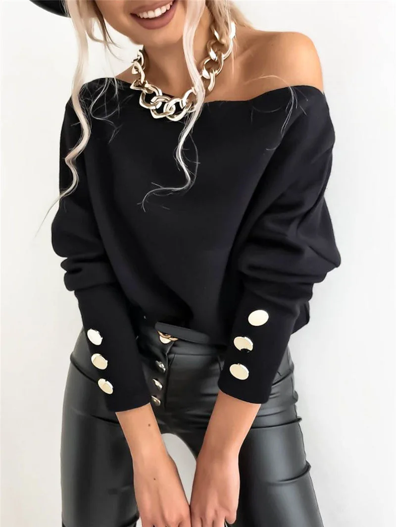 

Autumn Cold Shoulder Women's Top Long Sleeve Plus Size Solid Black Tops Female Spring Fashion Skinny Casual Office Lady Clothes