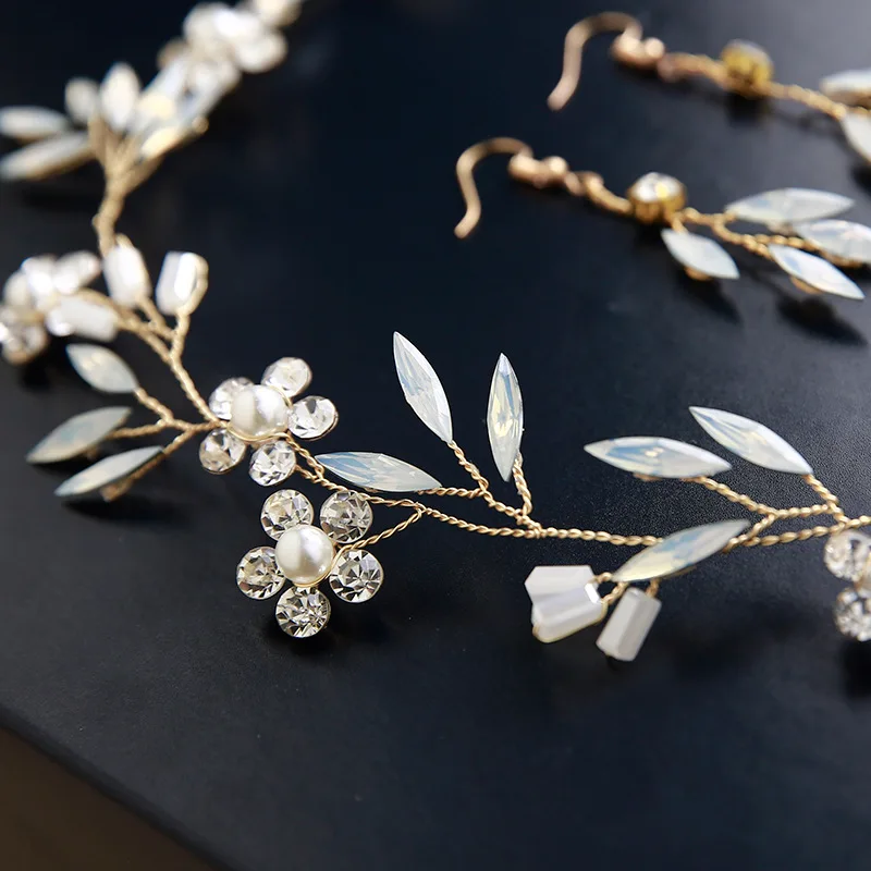 

Artifical Moonstone Leaf Pearl Flower Headband Earring Set Bride Hair Piece Bridal Tiara Crown Hairband Wedding Hair Accessories