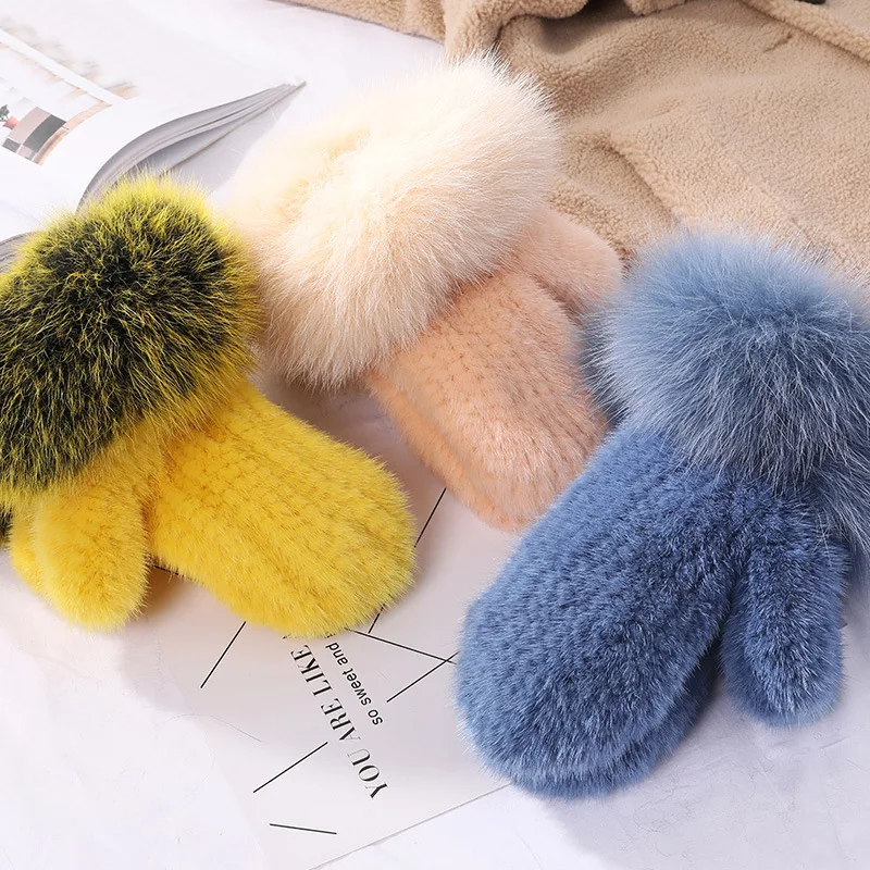 ZDFURS * Brand fashion Winter women gloves genuine 100% real mink fur glove knitted mittens thick warm fur Gloves & Mittens