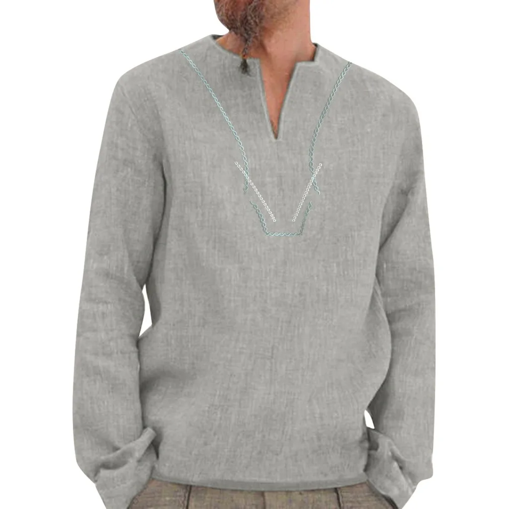 Мужские Мешковатые Ретро хлопковые однотонные рубашки с вышивкой длинным