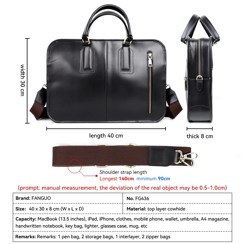 Top Cow Leather Briefcase Bag For Men Handmade Genuine Leather Business Bag Fashion Handbag 13.5'' Laptop Briefcase Tote Travel