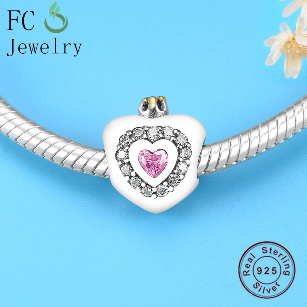 Браслет FC Jewelry Fit Original Pan Charms из серебра 925 пробы с кроной, сердцем принцессы и розовым камнем CZ для создания берлоков.