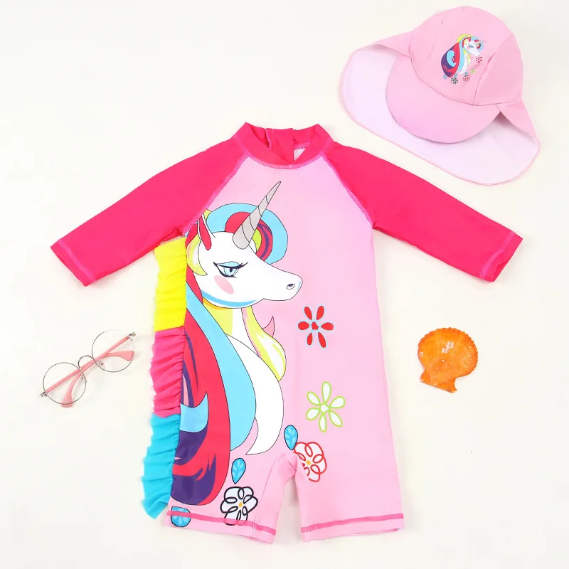 Детский слитный купальник с фламинго и надписью для маленьких девочек Модный