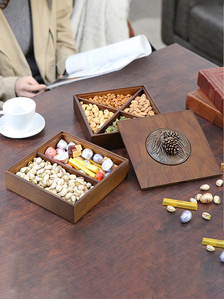 

Dried Fruit Tray Candy Box Household Wooden Living Room Double-Layer Rotating Melon Seeds and Fruit Plate Snack Grid Storage Box