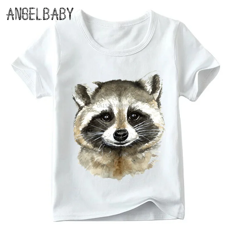 

Забавная футболка с акварельным принтом енота для мальчиков и девочек детские летние топы с короткими рукавами, детская мягкая белая футбо...