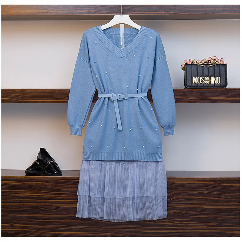 Большие размеры новинка 2019 осенне-зимний вязаный комплект из 2 предметов женские