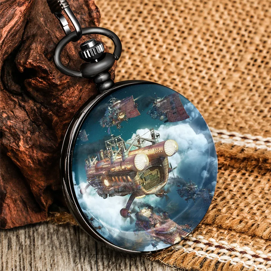 

Vintage Aircraft Printed Pattern Quartz Pocket Watch Men Women Pendant Pocket Clock Punk Black Chain Antique Collection Watches