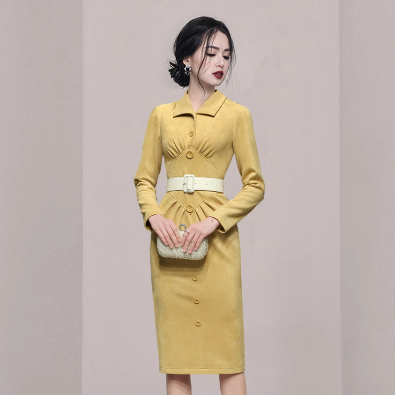 

2021 New Party Dress Yellow Deerskin Velvet Long Sleeve Lapel Waist Mid-length Slim Dress Elegant Formal Work Dress