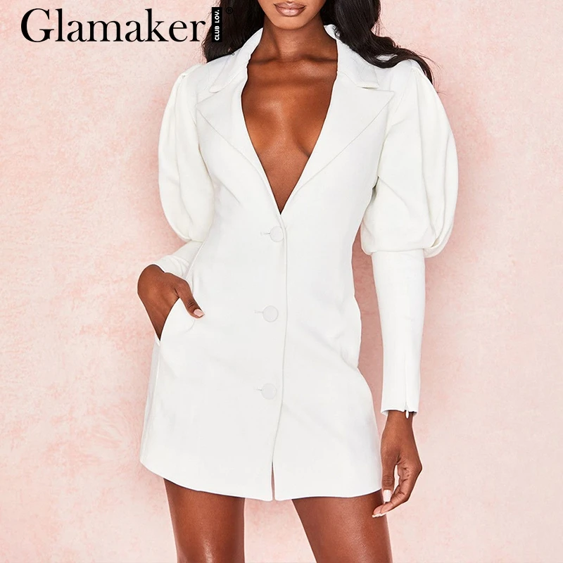 Белый Glamaker Белый Глубокий v обтягивающий пиджак мини платье Женские Длинные Пышные рукава Вечерние Элегантные платья осень зима женские сексуальные Клубные платья - Цвет: Белый