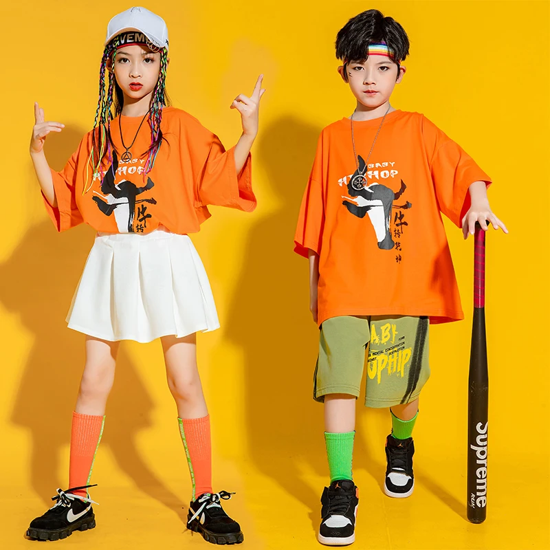 

Kids Ballroom Hip Hop Clothing Orange T Shirt Top Summer Cargo Shorts Skirt For Girls Boys Jazz Stage Dance Costume Clothes Wear