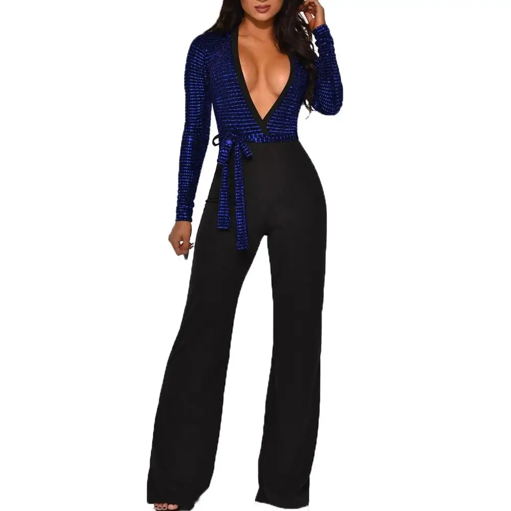 Sequined Slim Women Jumpsuits Black Sexy Solid Leotard Long Sleeves Straight Rompers Partywear Monos de Fiesta 2020 New Hot YE |