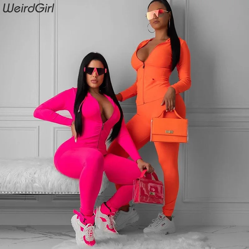 Weirdgirl/женские комплекты из двух предметов для фитнеса; толстовки на молнии с длинными рукавами; однотонный топ с высокой талией; эластичные леггинсы; Новинка осени - Цвет: Красный