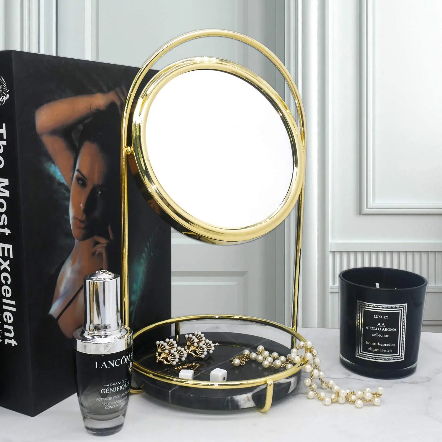 

3X/1X 2 Faces Magnification Desktop Makeup Mirror Bathroom Bedroom Metal Round Dressing Table Vanity Mirror with Marble Storage