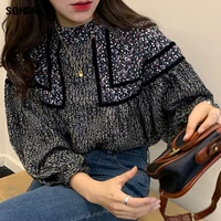 korean blouse 2020 spring autumn womens clothing vintage stand up collar stitching loose lantern sleeve doll shirt women tops
