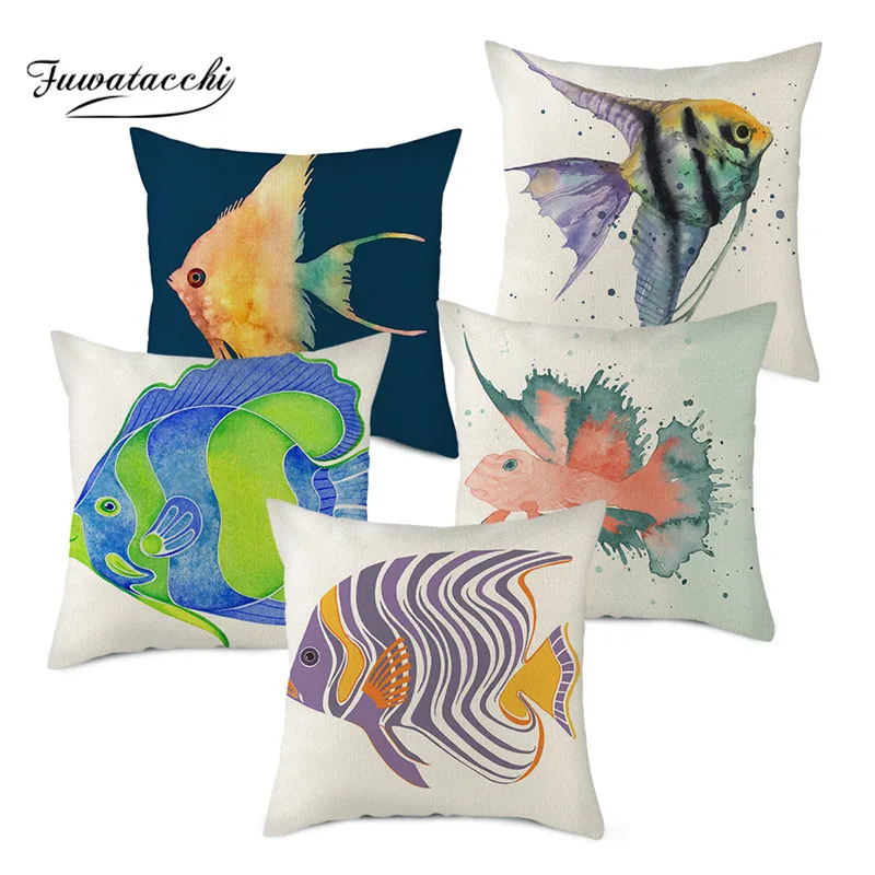 

Fuwatacchi Linen Animal Prints Cushion Cover Colorful Fishes Photo Pillow Cover for Home Decorative Throw Pillowcases 45x45cm