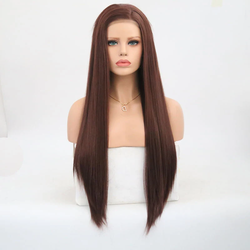 Харизма темно коричневый парик длинный прямой синтетический кружевной передний