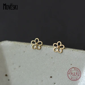 MOVESKI 925 Sterling Silver Simple Hollow Flower Stud Earrings Women Classic Anniversary Jewelry Gift