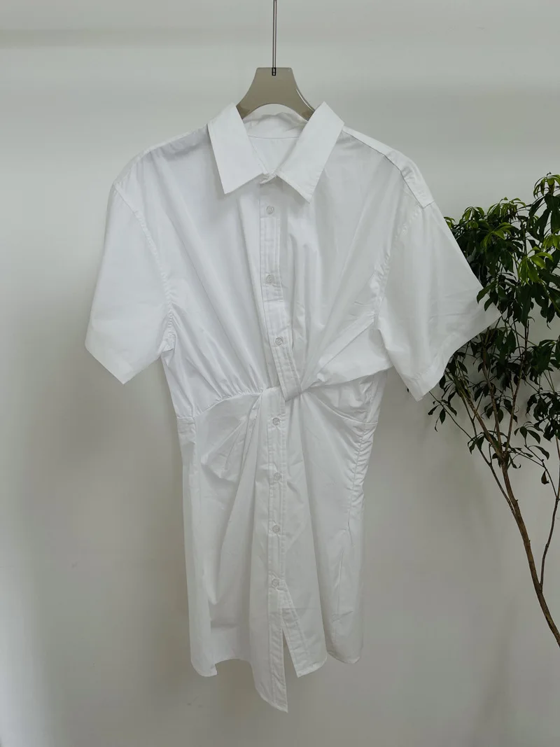 

Женское асимметричное платье-рубашка, Белое и черное однобортное офисное платье мини с отложным воротником и коротким рукавом