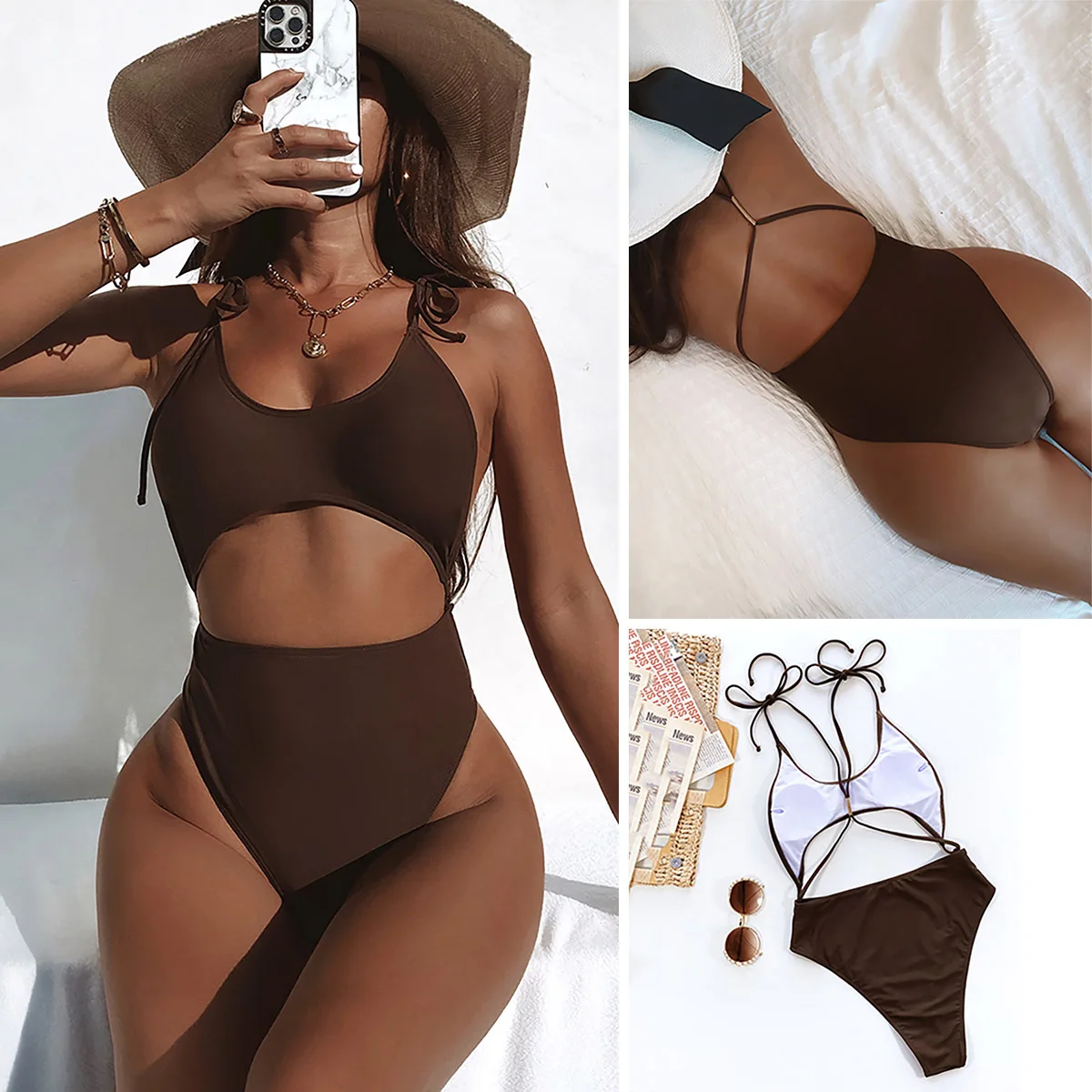 

Sexy One Piece Swimsuit Brown Bandage Cut Out Monokini High Waisted Bathing Suit String Summer Swimming Beachwear Female Biquini