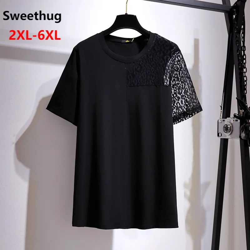 

150 кг размера плюс 2XL 3XL 4XL 5XL 6XL женская летняя свободная футболка в стиле пэчворк с кружевом бюст 153 см с О-образным вырезом с коротким рукавом ...