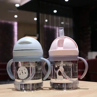 300ml cartoon childrens plastic cup with scale straw anti choke baby handle water bottle drop resistant leak proof drink cup