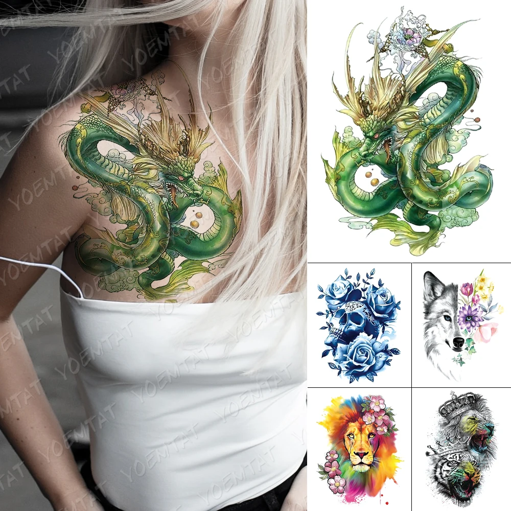 

Waterproof Temporary Tattoo Stickers Dragon Snake Cloud Peony Flower Green Flash Tattoos Woman Body Art Fake Sleeve Tatoo Male