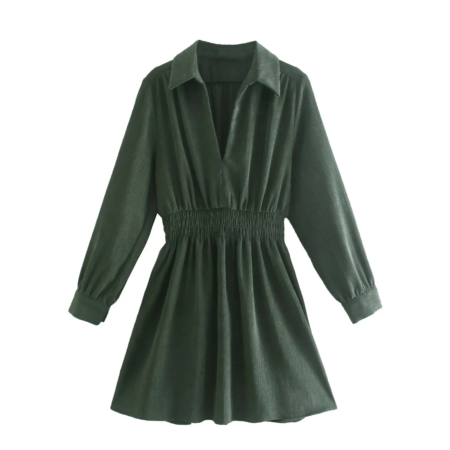 

Xitimeao Green Dress Woman Corduroy Short Dresses Casual Shirt Dress Women Long Sleeve Pleated Collared Mini Dresses