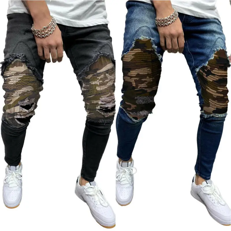 

Mens Ripped Denim Pants Pleated Stretch Slim Fit Blue Distressed Jeans Trousers