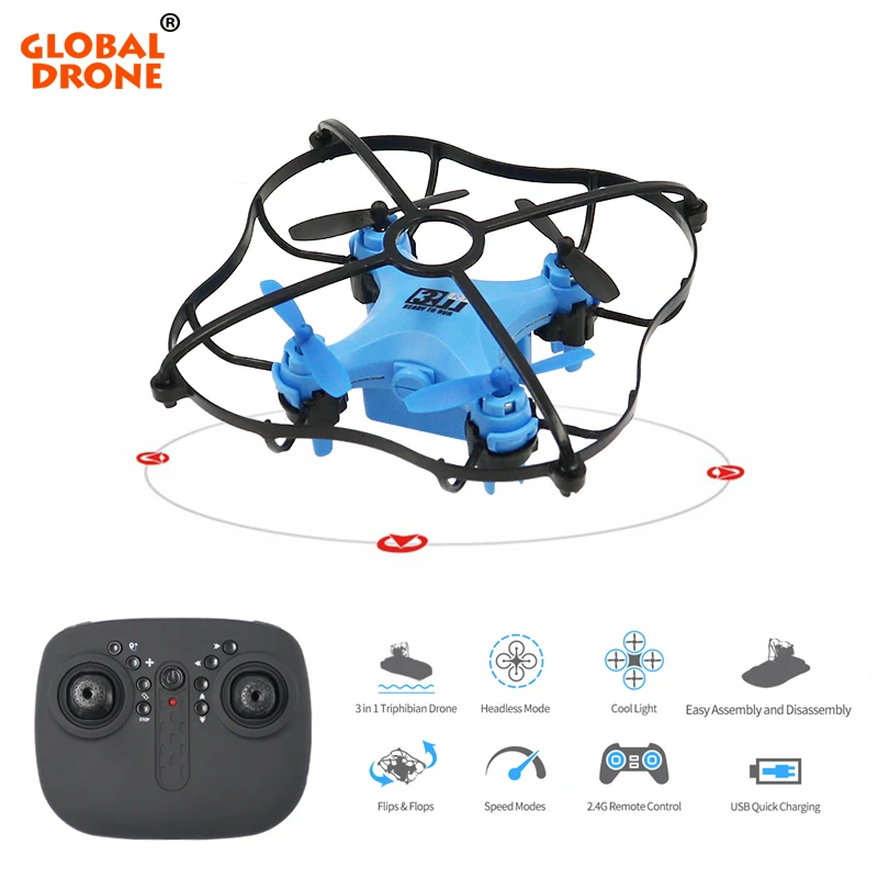 Global Drone GW123 мини-Дрон, игрушки для мальчиков и девочек, трифибийский автомобиль, Радиоуправляемый Дрон/лодка/вертолет на воздушной подушке, Квадрокоптер