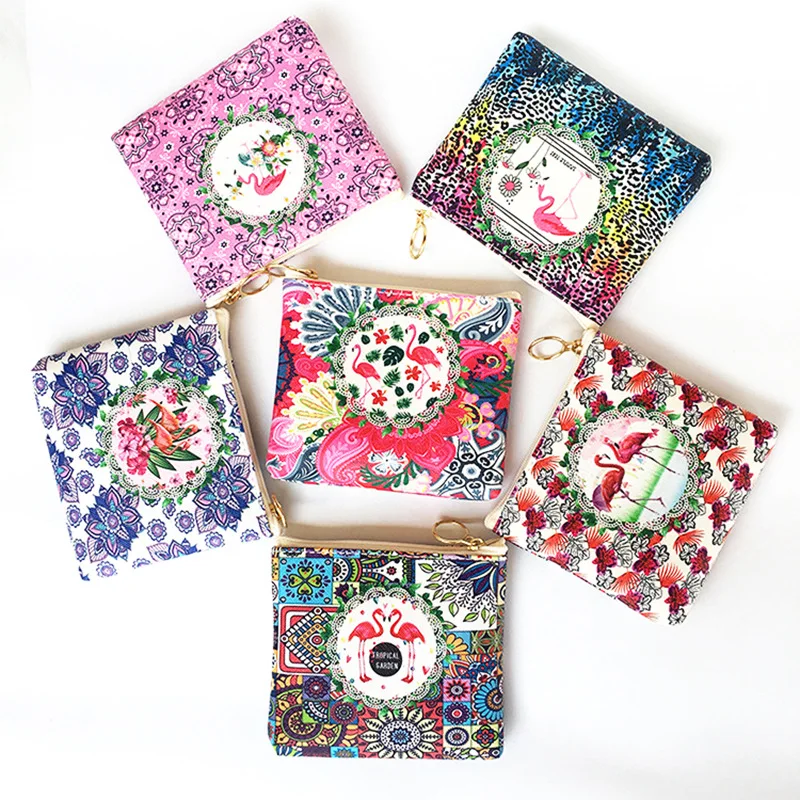 New Cute Flamingos Ethnic Style Grils Coin Purse Children PU Leather Zip Change Purse Women Wallet Animal Key Card Bag Kids Gift