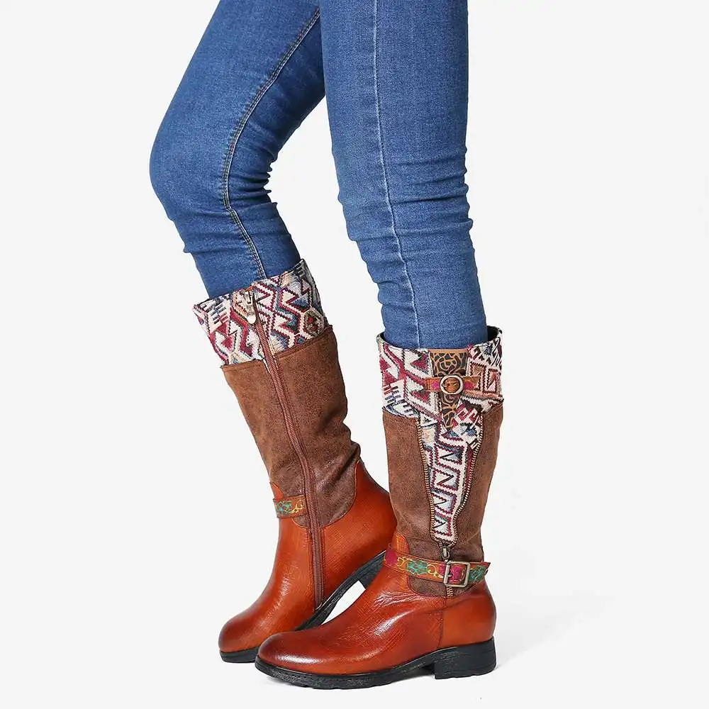 SOCOFY Botas mujer; ботинки из натуральной кожи с квадратным узором; ботинки до середины икры на мягкой плоской подошве; обувь на каблуке; женская зимняя обувь