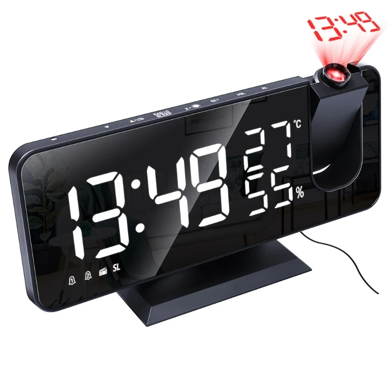 

Digital Projector Alarm Clock with FM Radio Temperature Humidity Time Projection LED Electronic Desktop Table Snooze