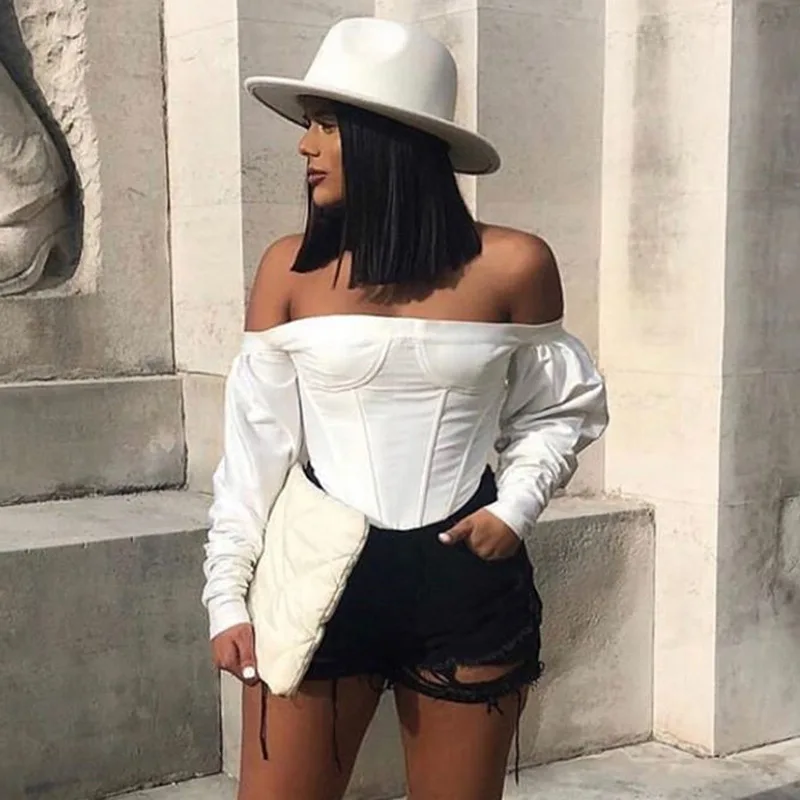 2020 Slash Neck Long Sleeve White Solid Sexy Crop Tops Autumn Winter Women Streetwear Club Party Outfits T-shirts | Женская одежда