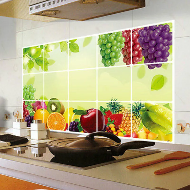 

45*75cm Waterproof Anti-oil Stain Aluminum Foil Sticker Kitchen Cabinet Sticker Fruit Vegetable Pattern Wall Paper Home Decor