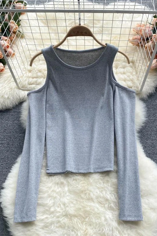 

European beauty blouse design sense carefully machine hollow strapless long-sleeved wild short T-shirt bottoming shirt tide