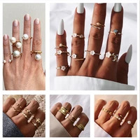 fashion simulated pearl rings set for women girls gold color shell leaves flower round finger ring women wedding jewelry