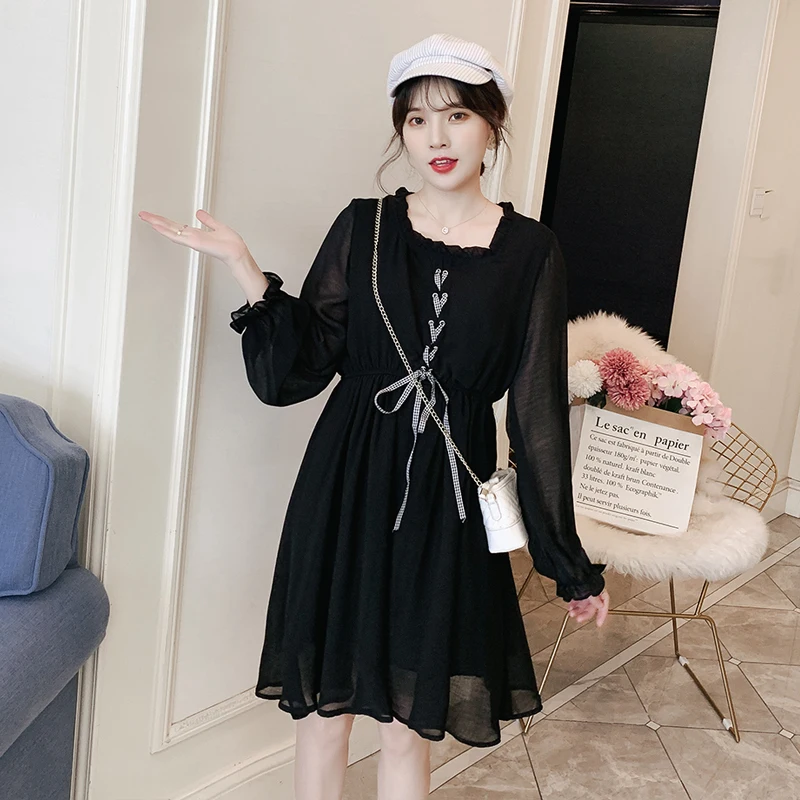 Spring Pregnant Women Chiffon Dress Plus Size Long Lantern Sleeve Drawstring High Waist Square Collar Maternity Black Loose | Мать и
