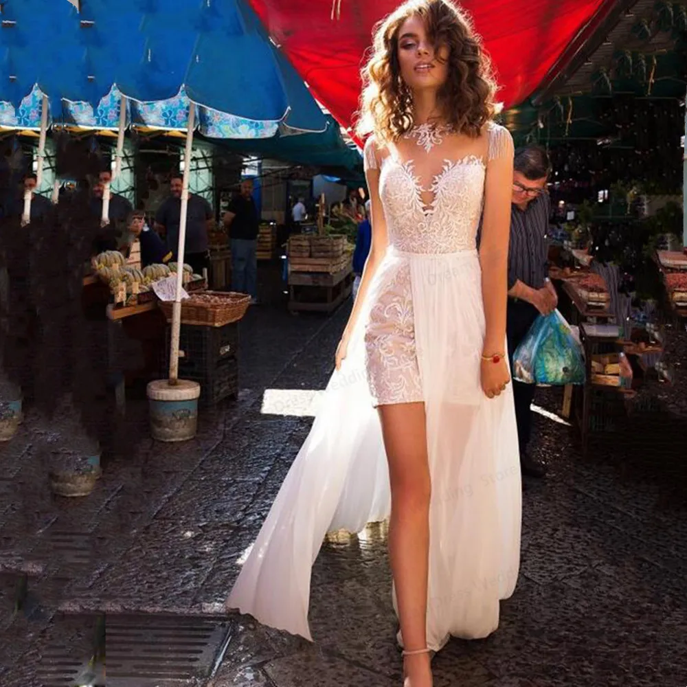 

2021 Boho V-Neck Fashion Wedding Dresses Women Appliques Lace Long Sleeves Side Split Ivory Tulle Wedding Gown Bride White Dress