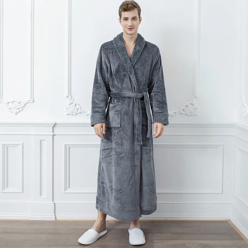 Men Winter Extra Long Knitted Waffle Flannel Coral Fleece Bathrobe Male Full Sleeve Kimono Bath Robe Women Warm Dressing Gown mens silk pajamas