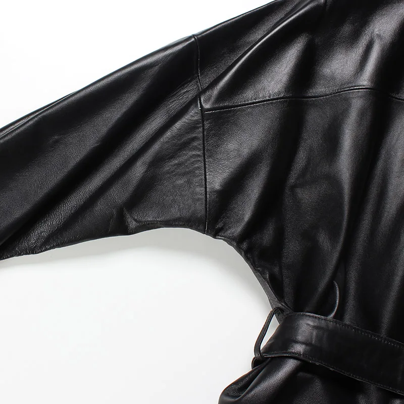 2019 женские пальто из овчины длинные черные с завышенной талией поясом для офиса