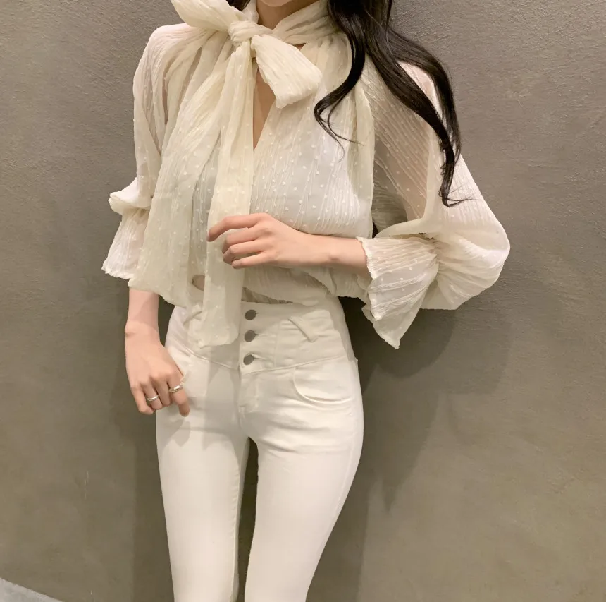 

Women Polka Dot Chiffon Blouse Sexy Bow Collar See-Through Flare Long Sleeve Vintage Black/Beige/White Tops 2021 Spring Autumn