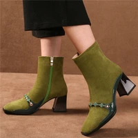 casual shoes women army green genuine leather chunky high heels party pumps high top square toe wedding boots lady office shoes