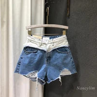color contrast denim shorts for woman 2021 summer new korean style fashion ripped wide legged hot pants fashion jeans