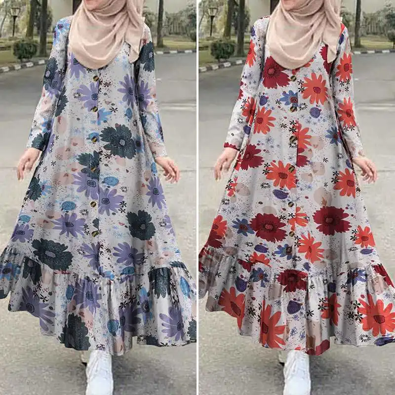 

Turkey Vintage Check Muslim Dress Women's Autumn Sundress 2020 Casual Long Sleeve Ruffle Vestidos Female Button Printed Robe 5XL