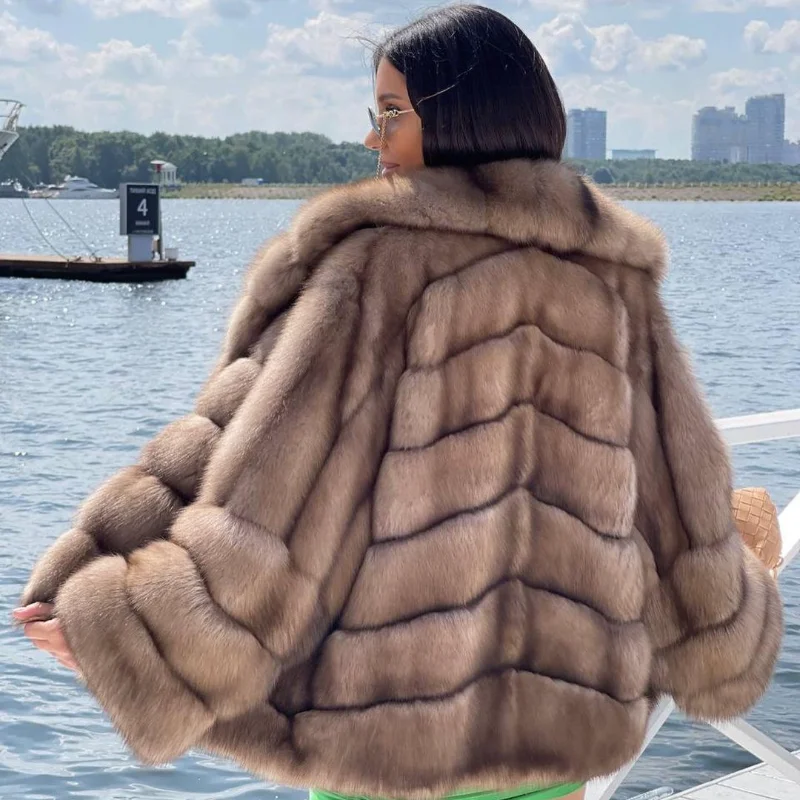 Light Brown Natural Fox Fur Jacket Female Winter Luxury Genuine Thicken Outertwear Lapel Furry High Quality Real Fur Coat Women enlarge