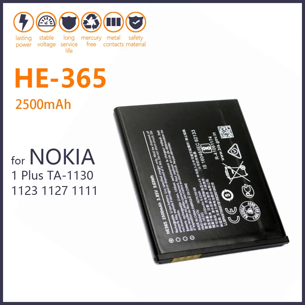 100% Оригинальный аккумулятор HE 365 для Nokia HE365 1 Plus TA-1130 1123 1127 1111 2500 мА · ч