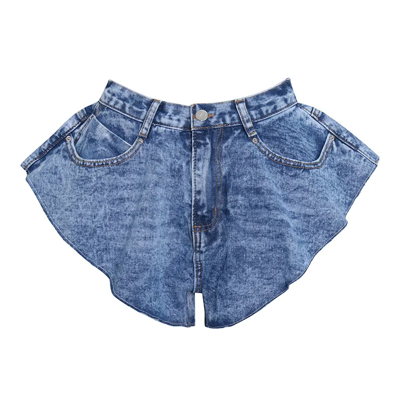 

Fan-shaped hot pants 2021 summer new solid color personalized tailoring washed wide-leg ultra-short jeans trend